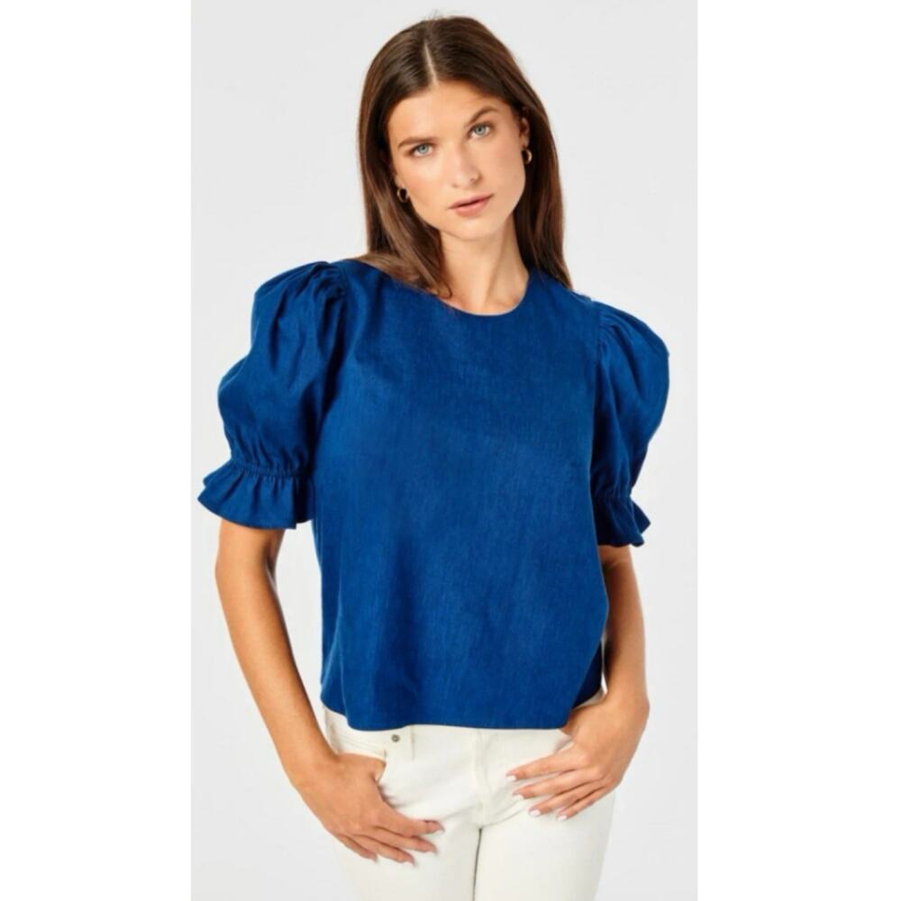 Cartolina Connie Anne Blouse Puff sleeve Navy blue Sz Medium Feminine chic top